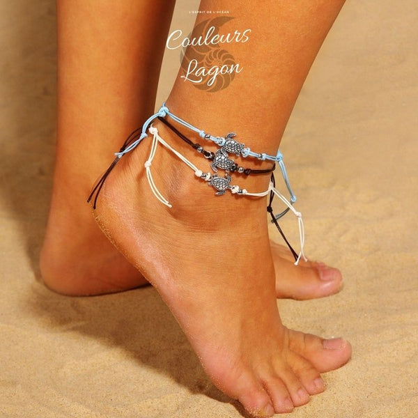 Bracelets de cheville Tortue de mer finition argent ancien - Couleurs Lagon