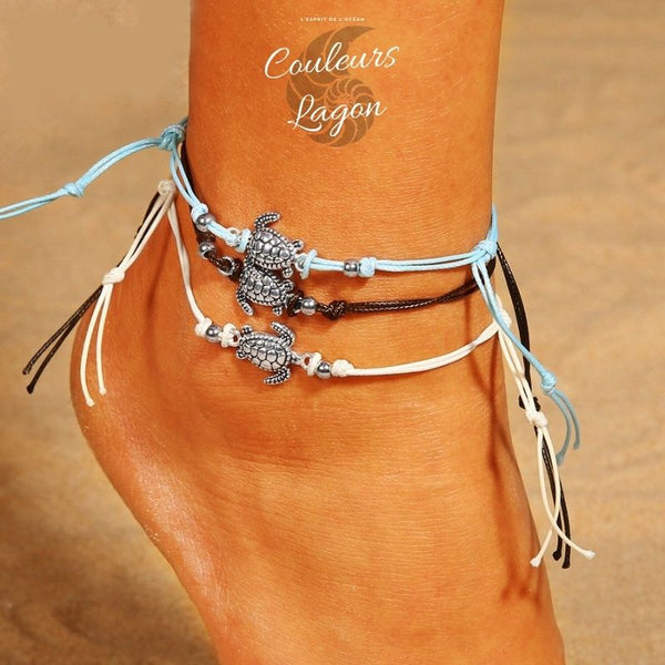 Bracelets de cheville Tortue de mer finition argent ancien - Couleurs Lagon