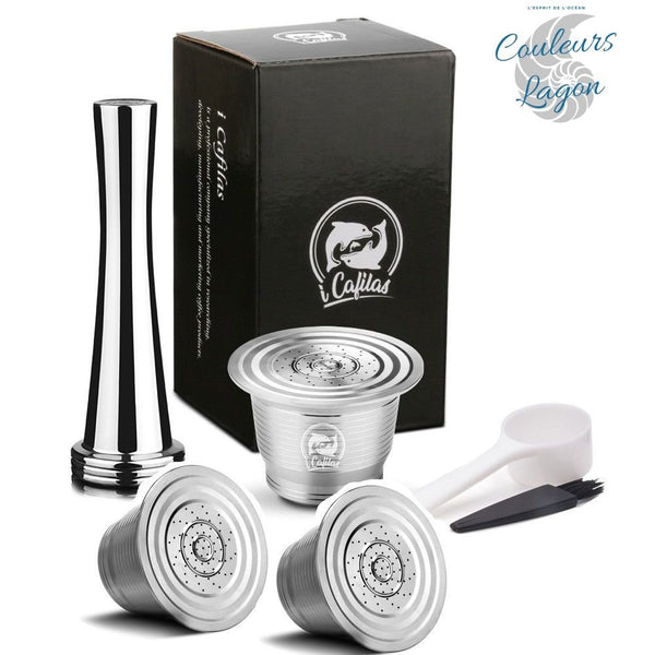 Capsule en Acier Inoxydable avec Filtre pour Machine Nespresso ICafilas - Couleurs Lagon - capsule A x3+ marteau x1 + cuillère x1