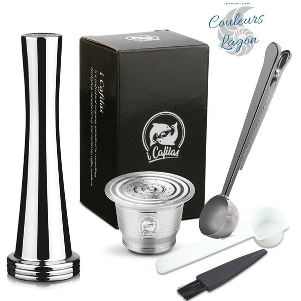 Capsule en Acier Inoxydable avec Filtre pour Machine Nespresso ICafilas - Couleurs Lagon - capsule A x1 + marteau x1 + cuillère x1 + pince doseuse x1