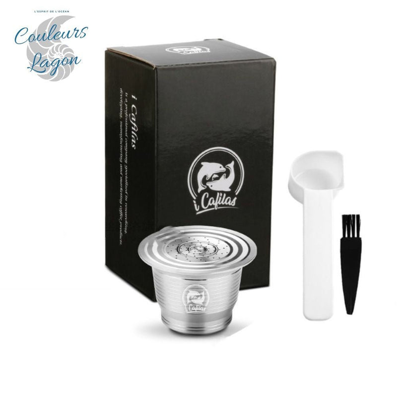 Capsule en Acier Inoxydable avec Filtre pour Machine Nespresso ICafilas - Couleurs Lagon - capsule A x1 + cuillère x1