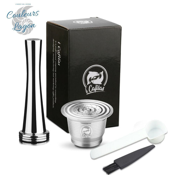 Capsule en Acier Inoxydable avec Filtre pour Machine Nespresso ICafilas - Couleurs Lagon - capsule A x1 + marteau x1 + cuillère x1