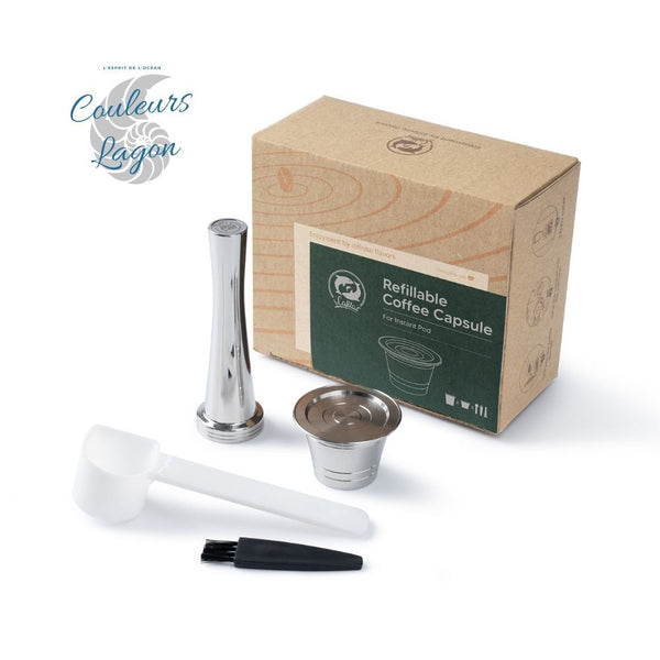 Capsule en Acier Inoxydable avec Filtre pour Machine Nespresso ICafilas - Couleurs Lagon - capsule A x1 + marteau x1 + cuillère x1