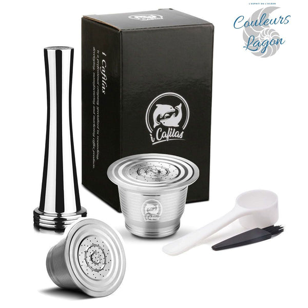 Capsule en Acier Inoxydable avec Filtre pour Machine Nespresso ICafilas - Couleurs Lagon - capsule A x2 + marteau x1 + cuillère x1