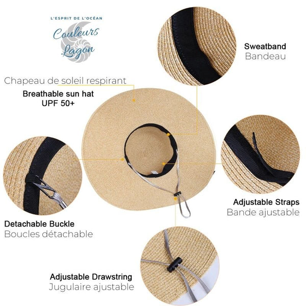 Chapeau de Plage Paille Ajustable - Couleurs Lagon