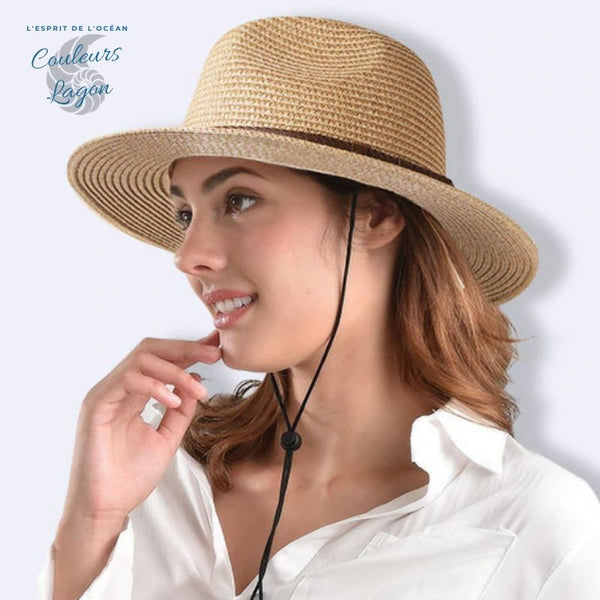 Chapeau de Plage Paille Ajustable PANAMA Court - Couleurs Lagon