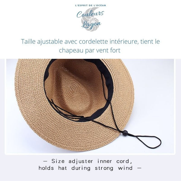 Chapeau de Plage Paille Ajustable PANAMA Court - Couleurs Lagon