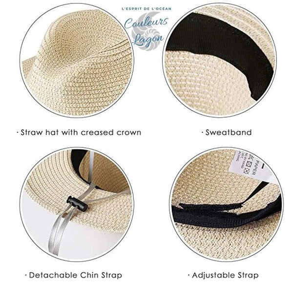 Chapeau de Plage Paille Ajustable PANAMA Court - Couleurs Lagon