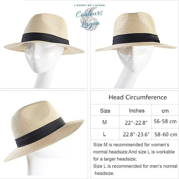 Chapeau de Plage Paille Ajustable PANAMA Court - Couleurs Lagon