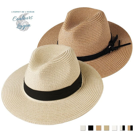 Chapeau de Plage Paille Ajustable PANAMA Court - Couleurs Lagon