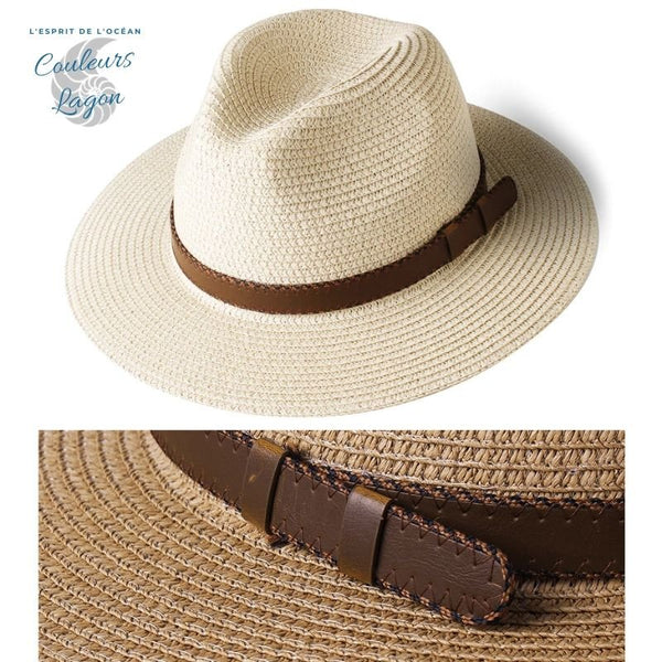 Chapeau de Plage Paille Ajustable PANAMA Court - Couleurs Lagon