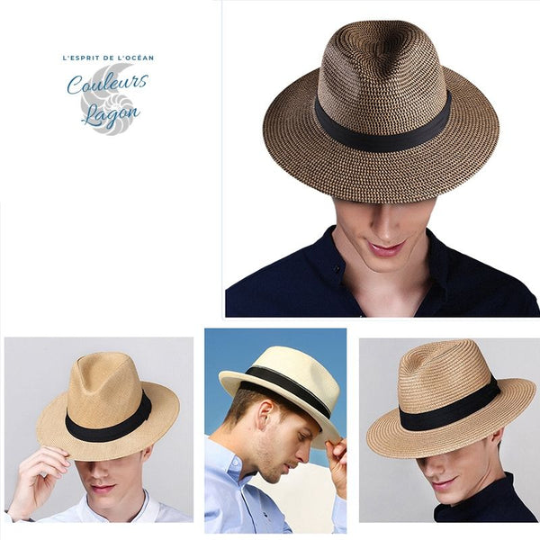 Chapeau de Plage Paille Ajustable PANAMA Court - Couleurs Lagon