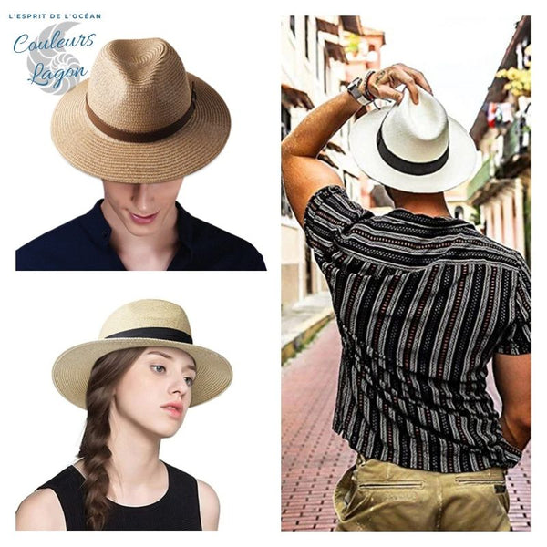 Chapeau de Plage Paille Ajustable PANAMA Court - Couleurs Lagon