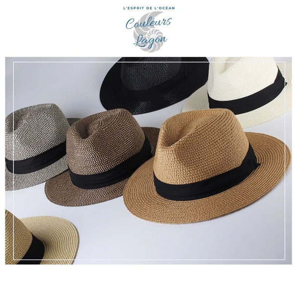 Chapeau de Plage Paille Ajustable PANAMA Court - Couleurs Lagon