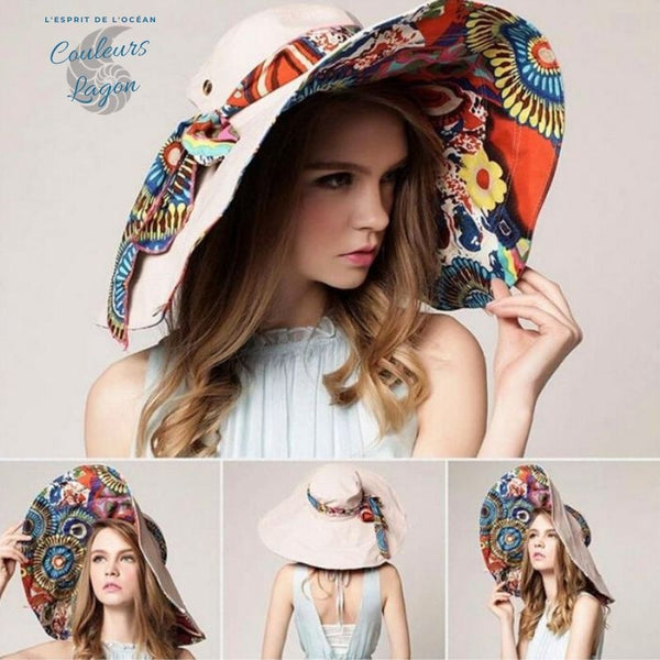 Chapeau UV Tissu Grand Bord Pliable à Fleurs - Couleurs Lagon