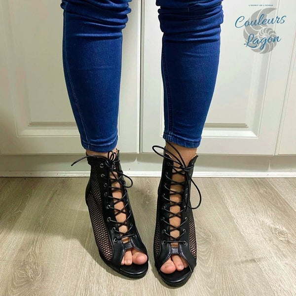 vue avant - Chaussure Danse Bottine Latine Professionnelle Maille et Lacet - Couleurs Lagon