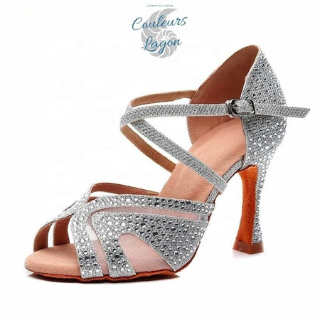 strass argent - Chaussure Danse Latine Souple Brillante Talon Haut - Couleurs Lagon