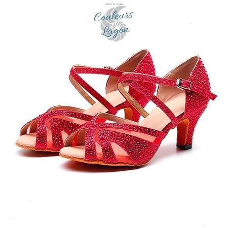 strass rouge - Chaussure Danse Latine Souple Brillante Talon Haut 2 - Couleurs Lagon