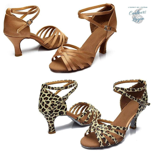 cher clair leopard - Chaussures Danse Latine Pro Satin 5cm - Couleurs Lagon