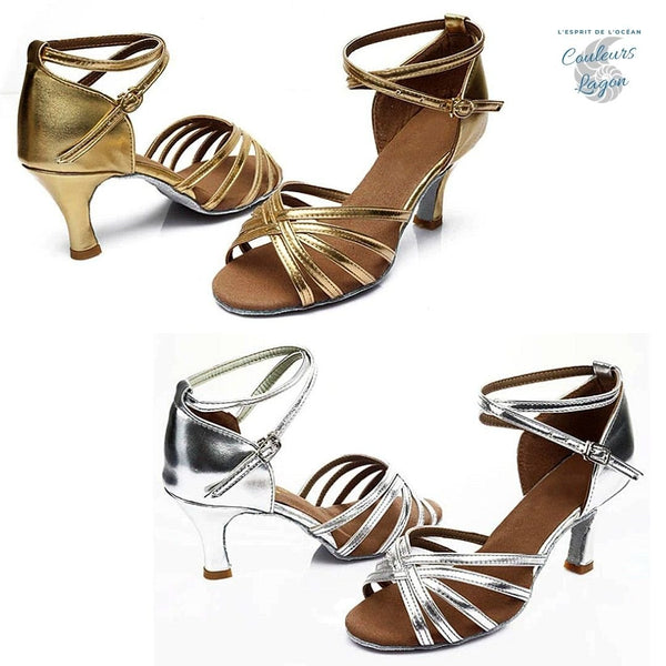 doré et argent - Chaussures Danse Latine Pro Satin 5cm - Couleurs Lagon
