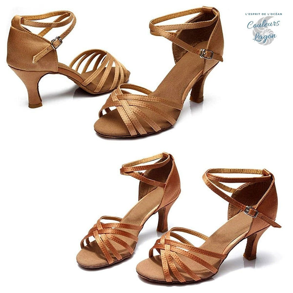 cher claire et foncé - Chaussures Danse Latine Pro Satin 7cm - Couleurs Lagon