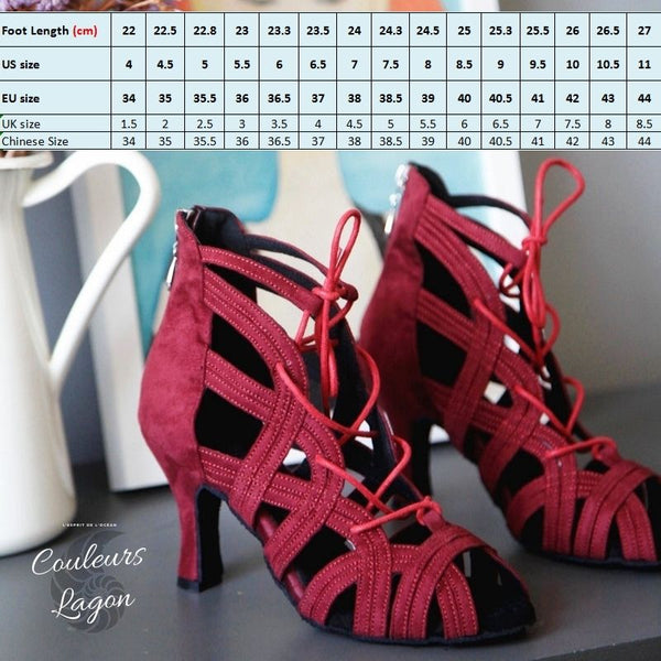 tailles - Chaussures Danse Latine Rouge Flannel T5-10cm - Couleurs Lagon