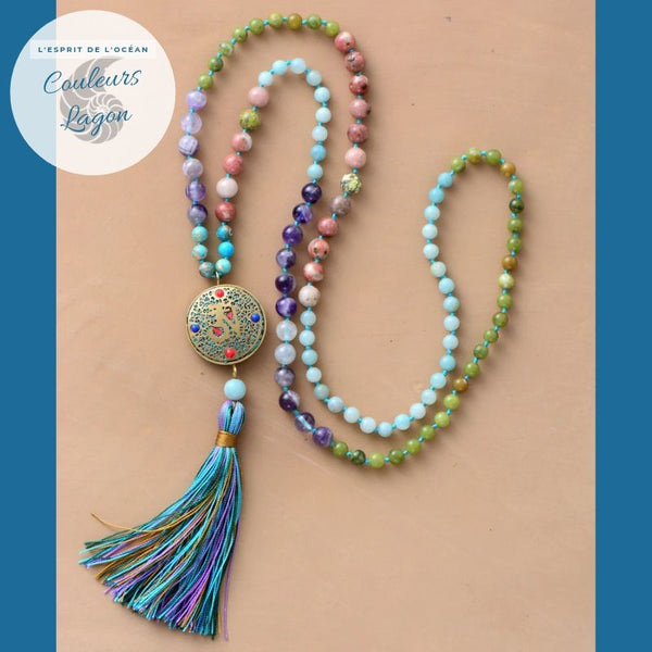 Collier de perles en pierre naturelle Mala OM Yoga - Couleurs Lagon