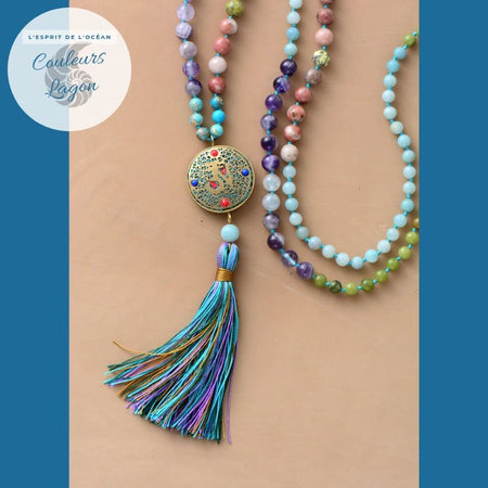 Collier de perles en pierre naturelle Mala OM Yoga - Couleurs Lagon