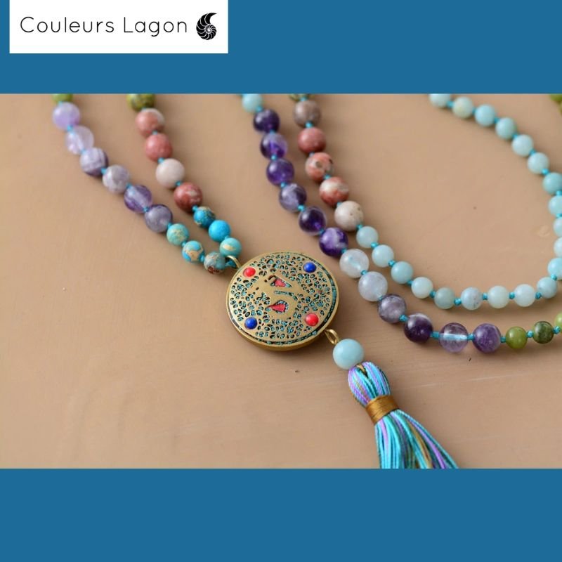 Collier de perles en pierre naturelle Mala OM Yoga - Couleurs Lagon