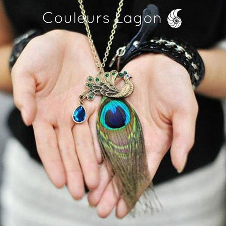 Collier Pendentif Plume de Paon Océan - Couleurs Lagon