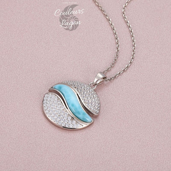 Collier Pendentif Vague Argent s925 et Larimar - Couleurs Lagon