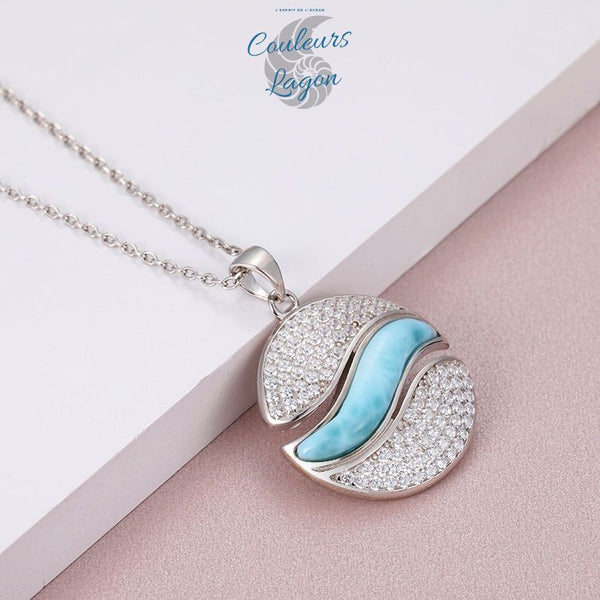 Collier Pendentif Vague Argent s925 et Larimar - Couleurs Lagon