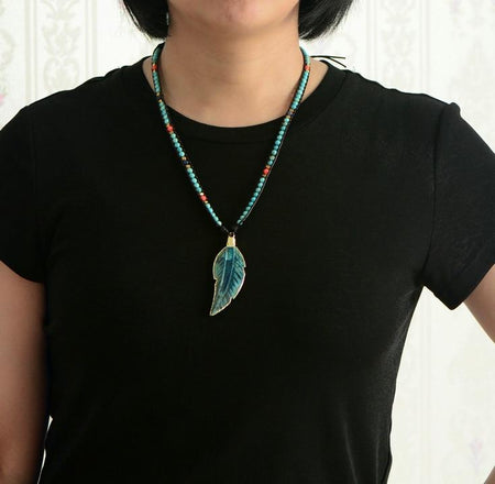 Collier Pierre Et Cuir Naturel Feuille Lagoon Océan - Couleurs Lagon