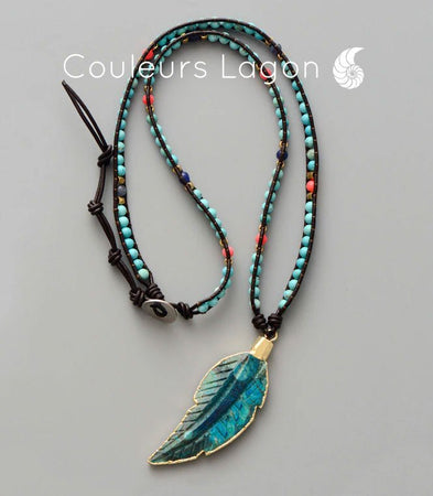 Collier Pierre Et Cuir Naturel Feuille Lagoon Océan - Couleurs Lagon