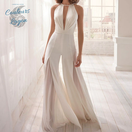 Combi Pantalon décontracté classe à dos nu en V profond ANGEL - Couleurs Lagon