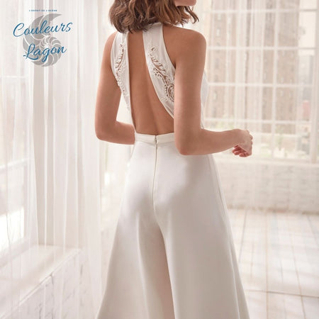 Combi Pantalon décontracté classe à dos nu en V profond ANGEL - Couleurs Lagon