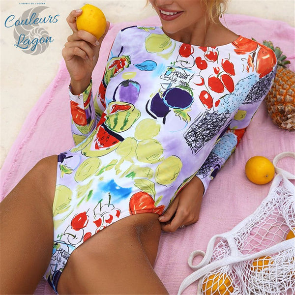 Combi Surf Manches Longues Dos Nu Push-Up TUTTI FRUTTI - Couleurs Lagon - avant sur serviette