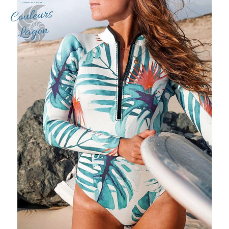 Combi Surf Manches Longues Monokini BLEU MONSTERA - Couleurs Lagon - avant et zip