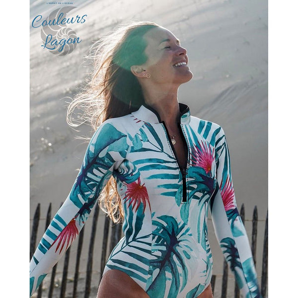 Combi Surf Manches Longues Monokini BLEU MONSTERA - Couleurs Lagon - avant droit zip ouvert