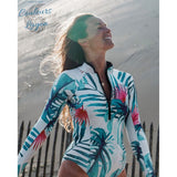 Combi Surf Manches Longues Monokini BLEU MONSTERA - Couleurs Lagon - avant droit zip ouvert