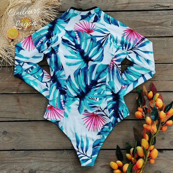 Combi Surf Manches Longues Monokini BLEU MONSTERA - Couleurs Lagon - dos a plat