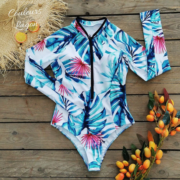 Combi Surf Manches Longues Monokini BLEU MONSTERA - Couleurs Lagon - avant à plat
