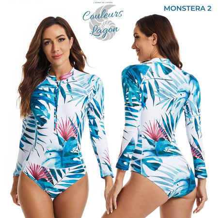 Combi Surf Manches Longues Push-Up Bleu Floral Palmier MONSTERA 2 - Couleurs Lagon - avant et dos