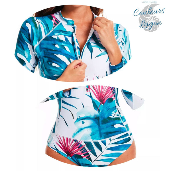 Combi Surf Manches Longues Push-Up Bleu Floral Palmier MONSTERA 2 - Couleurs Lagon - gros plans zip et bas finition culotte