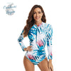 Combi Surf Manches Longues Push-Up Bleu Floral Palmier MONSTERA 2 - Couleurs Lagon - avant