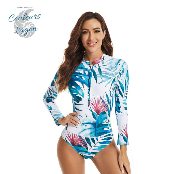 Combi Surf Manches Longues Push-Up Bleu Floral Palmier MONSTERA 2 - Couleurs Lagon - avant