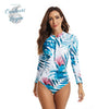 Combi Surf Manches Longues Push-Up Bleu Floral Palmier MONSTERA 2 - Couleurs Lagon - avant