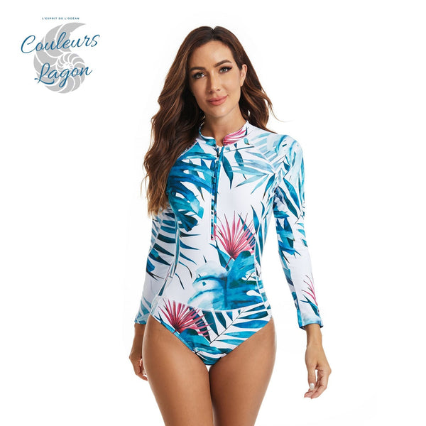 Combi Surf Manches Longues Push-Up Bleu Floral Palmier MONSTERA 2 - Couleurs Lagon - avant