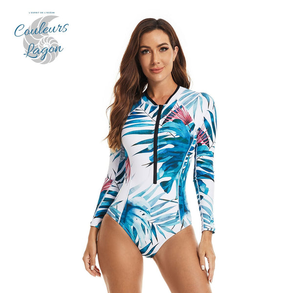 Combi Surf Manches Longues Push-Up Bleu Floral Palmier MONSTERA - Couleurs Lagon - avant