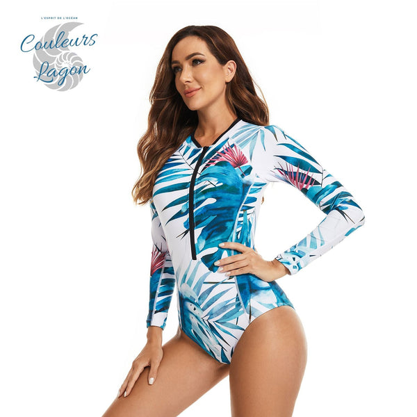 Combi Surf Manches Longues Push-Up Bleu Floral Palmier MONSTERA - Couleurs Lagon - avant gauche